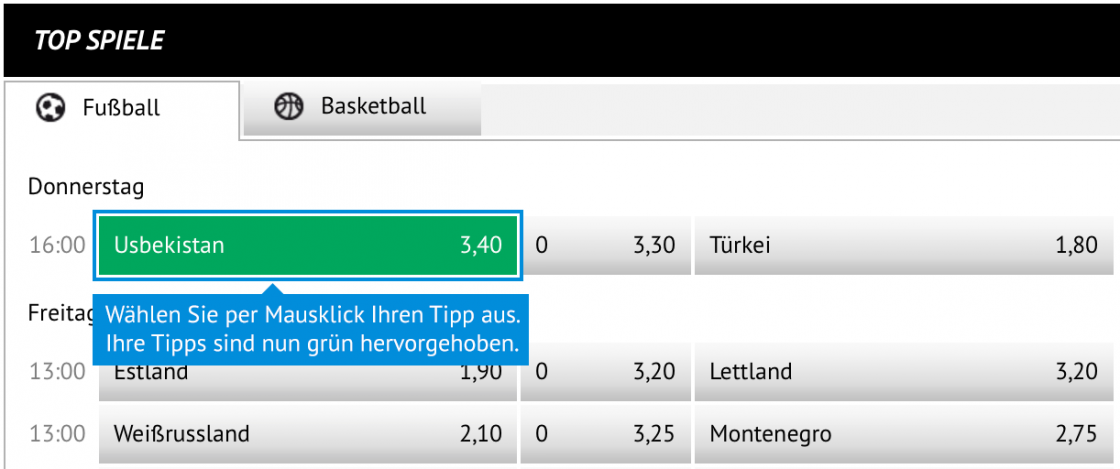 Auswahl Ligen und Sportart Oddset