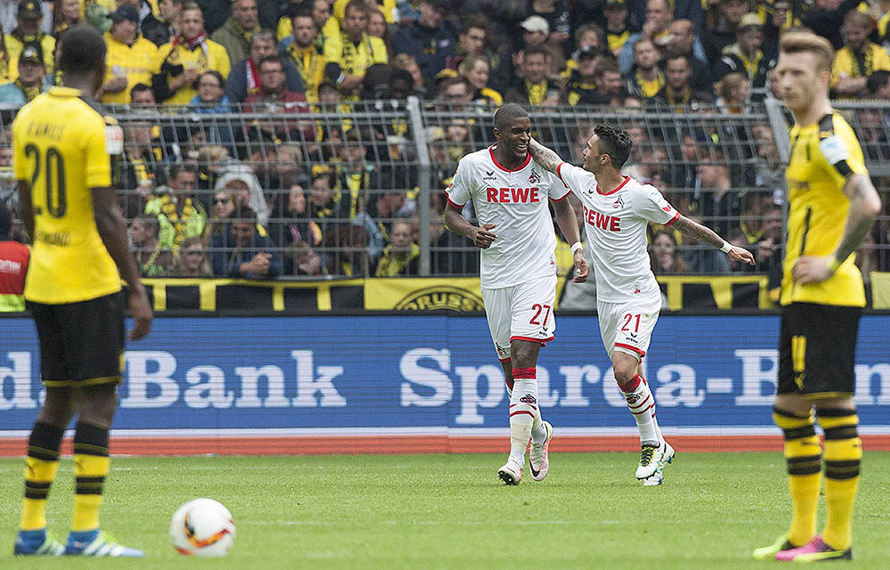 Anthony Modeste (1. FC Köln) freut sich ueber sein Tor zum 1:1 zusammen mit Leonardo Jesus Bittencourt. Adrian Ramos und Marco Reus (BVB) sind fassungslos. Bundesliga, 34. Spieltag, Borussia Dortmund - 1. FC Köln 2:2, am 14.05.2016 in Dortmund