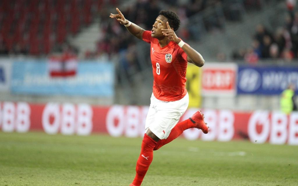 Oesterreich vs Slowenien. Bild zeigt Torjubel 1:0 David Alaba (AUT)