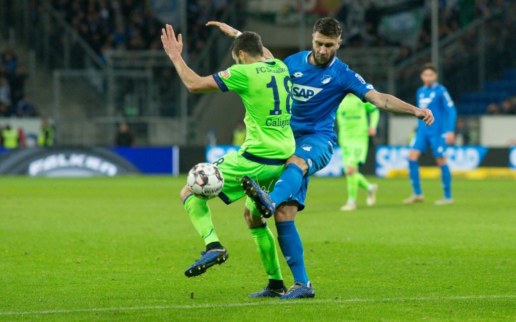 Sinsheim, Deutschland, 01.12.2018, 1. Bundesliga 13. Spieltag, TSG 1899 Hoffenheim - FC Schalke 04, Daniel Caligiuri (S04) und Ermin Bicakcic (TSG) im Zweikampf