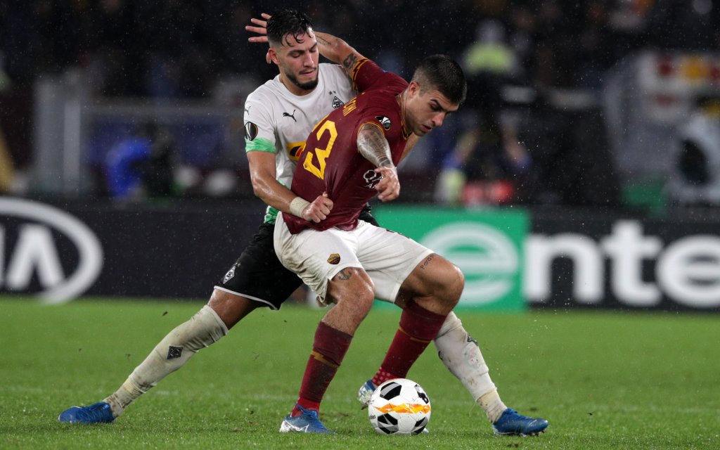 UEFA AS Roma vs Borussia Moenchengladbach Rome 24/10/2019 Stadio Olimpico Europa League AS Roma vs Borussia Moenchengladbach Gianluca Mancini Roma and Ramy Bensebaini Monchengladbach