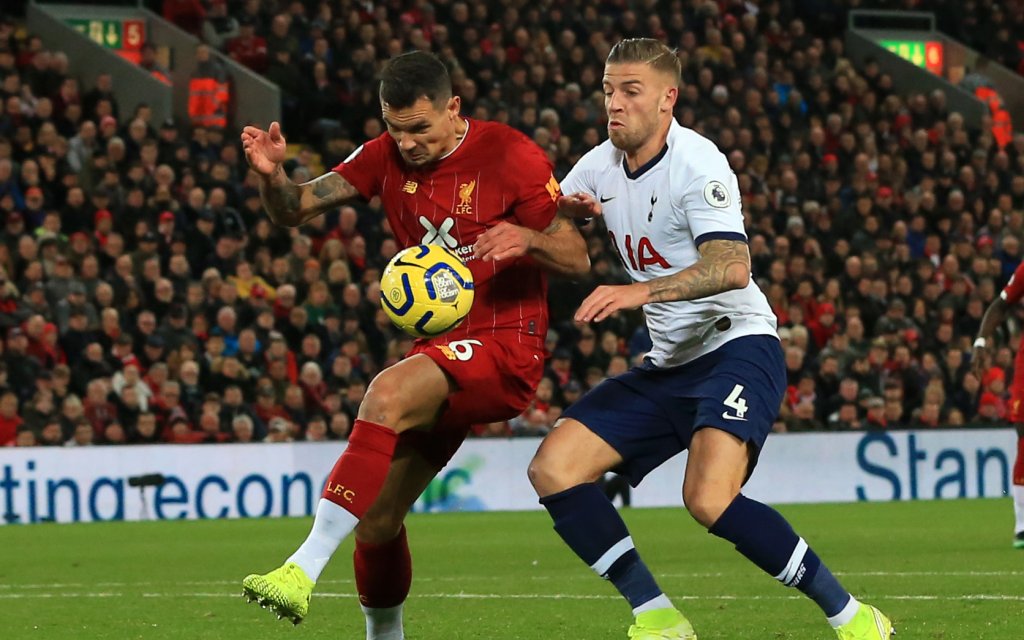 Anfield, Liverpool, Merseyside, England English Premier League Football, Liverpool versus Tottenham Hotspur Dejan Lovren of Liverpool and Toby Alderweireld of Tottenham Hotspur