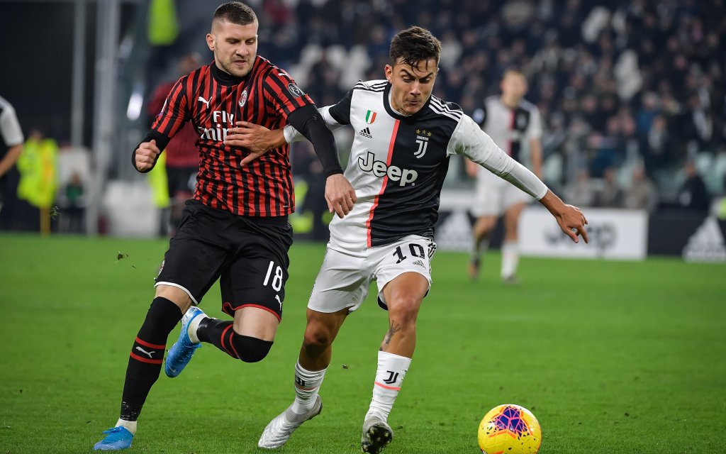 Paulo Dybala of Juventus FC, Ante Rebic of AC Milan during the Serie A match between Juventus and AC Milan at the Juventus Stadium, Turin, Italy on 10 November 2019.