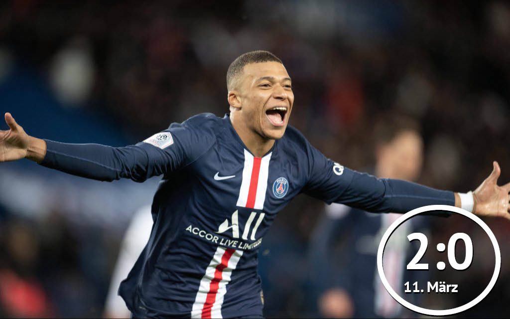 Kylian Mbappe von Paris Saint-Germain feiert einen Treffer für PSG.