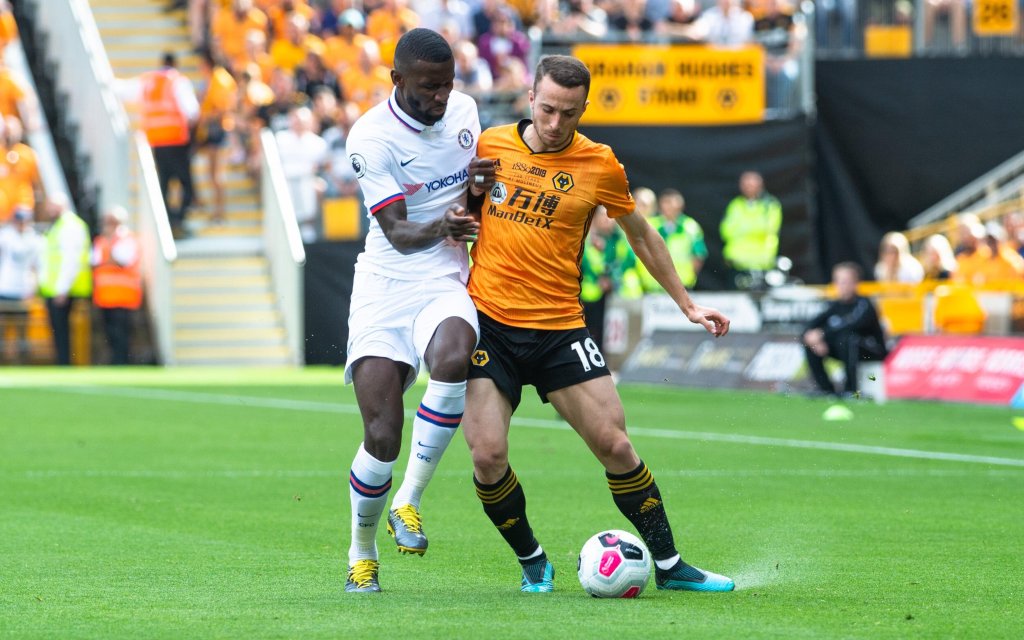 Wolverhampton Wanderers v Chelsea Premier League Antonio Rudiger of Chelsea challenges Diogo Jota of Wolverhampton Wanderers during the Premier League match at Molineux