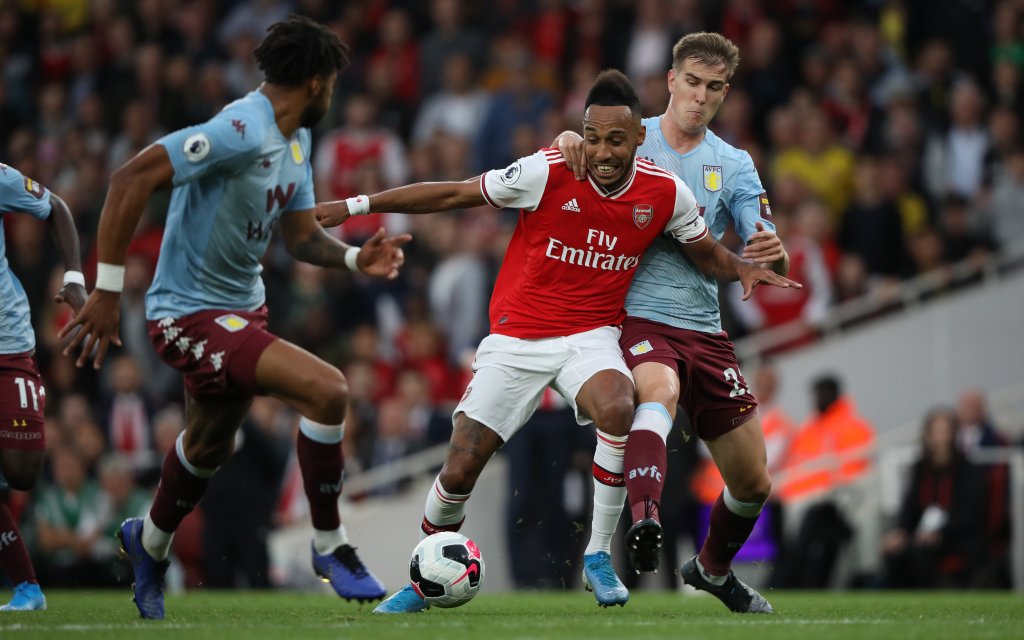 Pierre-Emerick Aubameyang A Bjorn Engels AV at the Arsenal v Aston Villa English Premier League match, at the Emirates Stadium, London, UK on September 22, 2019.