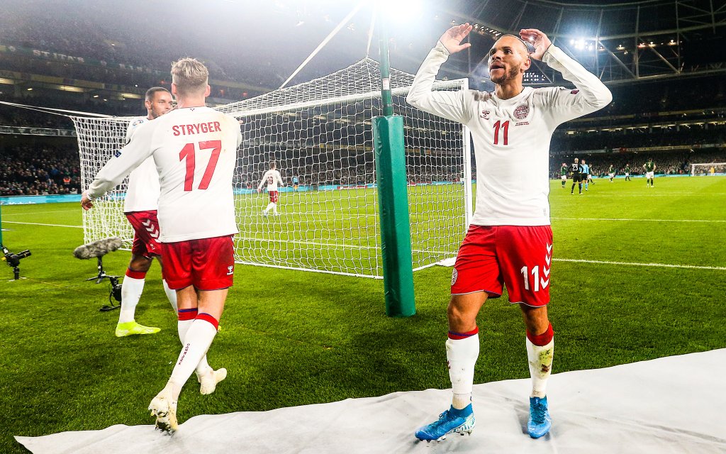 UEFA EURO, EM, Europameisterschaft,Fussball 2020 Qualifying Round Group D, Aviva Stadium, Dublin 18/11/2019 Republic of Ireland vs Denmark Martin Braithwaite of Denmark celebrates scoring his sides first goal