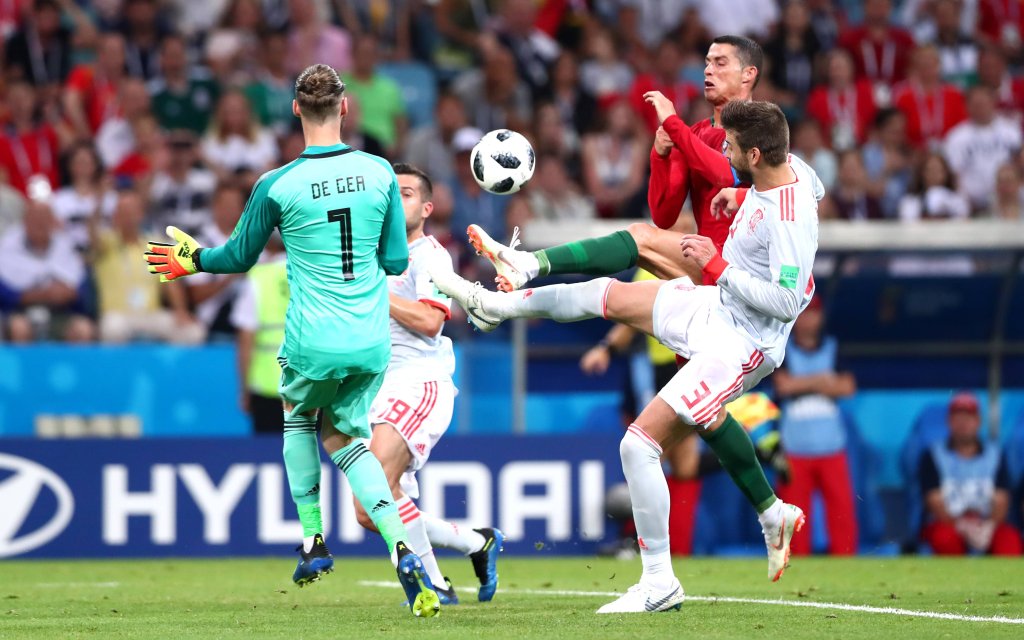 (L-R) David De Gea, Jordi Alba (ESP),Cristiano Ronaldo (POR), Gerard Pique (ESP), JUNE 15, 2018 - Football / Soccer : FIFA World Cup WM Weltmeisterschaft Fussball Russia 2018 Group B match between Portugal 3-3 Spain at Fisht Stadium in Sochi