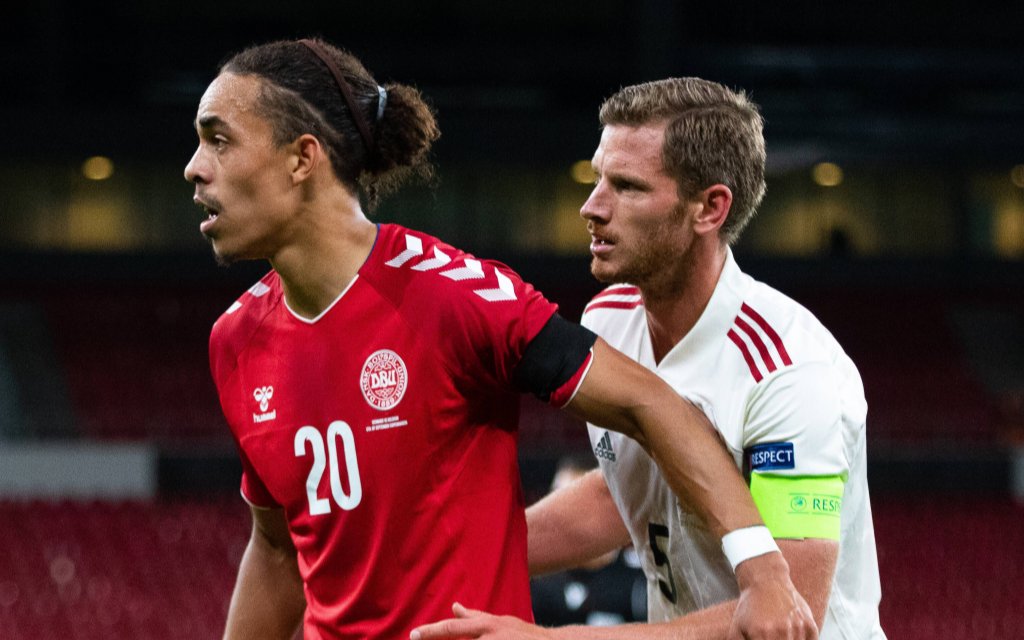 Copenhagen, Denmark. 05th, September 2020. Yussuf Poulsen 20 of Denmark and Jan Vertonghen 5 of Belgium seen during the UEFA Nations League match between Denmark and Belgium at Parken in Copenhagen.