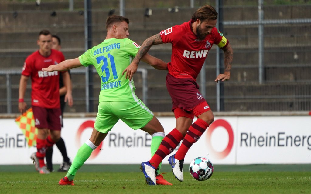 1.FC Köln vs VfL Wolfsburg, 29.08.2020, Franz Kremer Stadion Köln, Yannik Gerhardt, Vfl Wolfsburg, Marco Höger, Hoeger, FC Köln