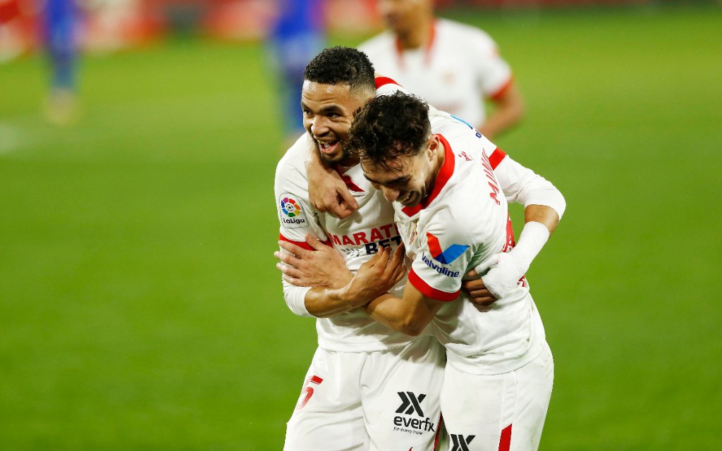 Youssef En-Nesyri, Munir El Haddadi Sevilla, FEBRUARY 6, 2021 - Football / Soccer : En-Nesyri and El Haddadi celebrate after En-Nesyri s goal during Spanish La Liga Santander match between Sevilla FC 3-0 Getafe CF at the Estadio Ramon Sanchez-Pizjuan in Sevilla