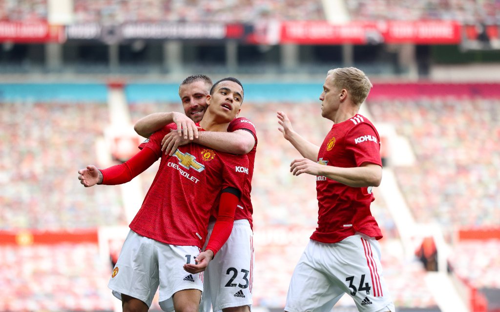 Football - 2020 / 2021 Premier League - Manchester United, ManU vs Burnley - Old Trafford Mason Greenwood of Manchester United celebrates his second goal at Old Trafford