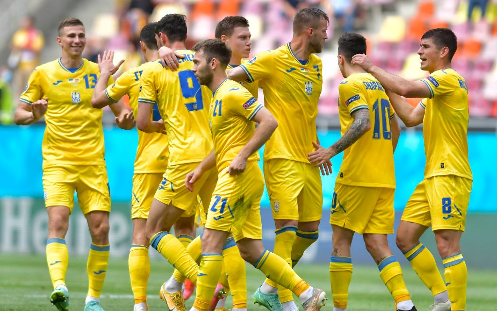 Joy of Ukrainian footballers after a goal scored by Roman Yaremchuk, Oleksandr Karavaev, Mykola Shaparenko and Taras Stepanenko in the football match between Ukraine and Northern Macedonia, within EURO 2020, held on the National Arena in Bucharest, Thursday, June 17, 2021 Bucharest