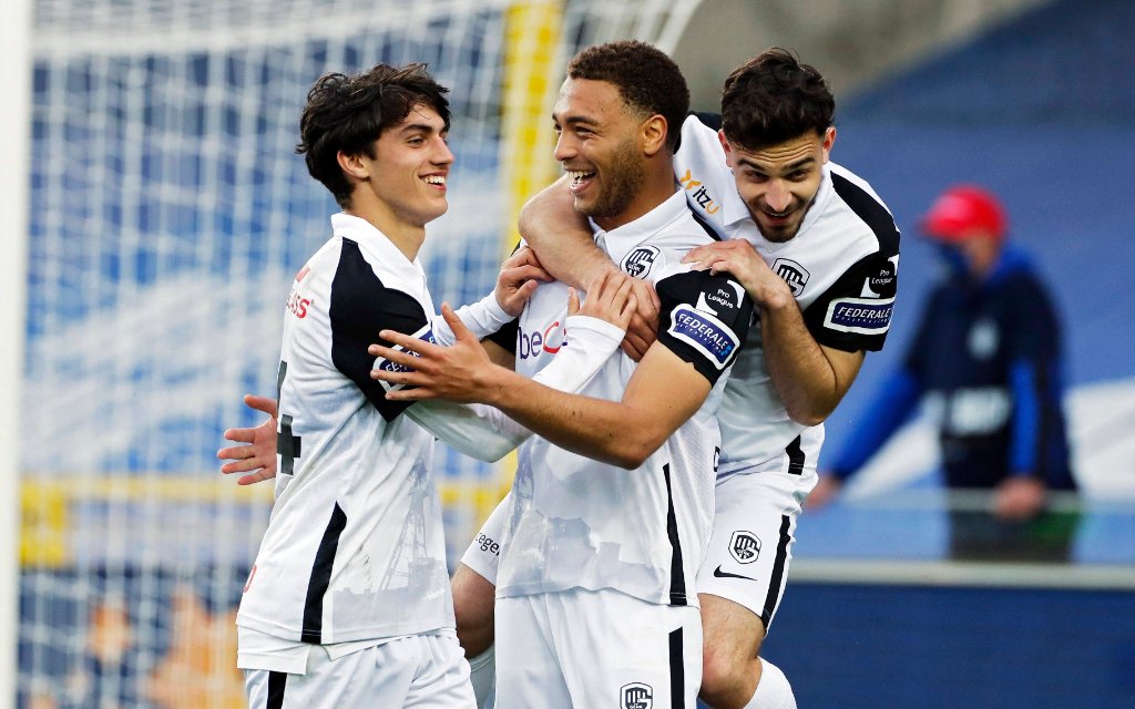 BRUGGE, BELGIUM - MAY 23 : Cyriel Dessers forward of Genk celebrates after scoring his penalty during the Jupiler Pro League Champions Play-Off match between Club Brugge and KRC Genk at the Jan Breydel stadium on May 23, 2021 in Brugge,