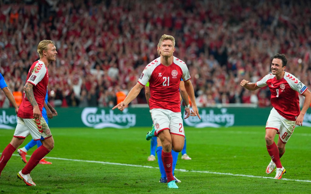 Denmark v Israel - World Cup Qualfication Andreas Cornelius celebrating scoring Denmarks 5th goal during Denmark against Israel , World Cup qualifier at Parken stadium