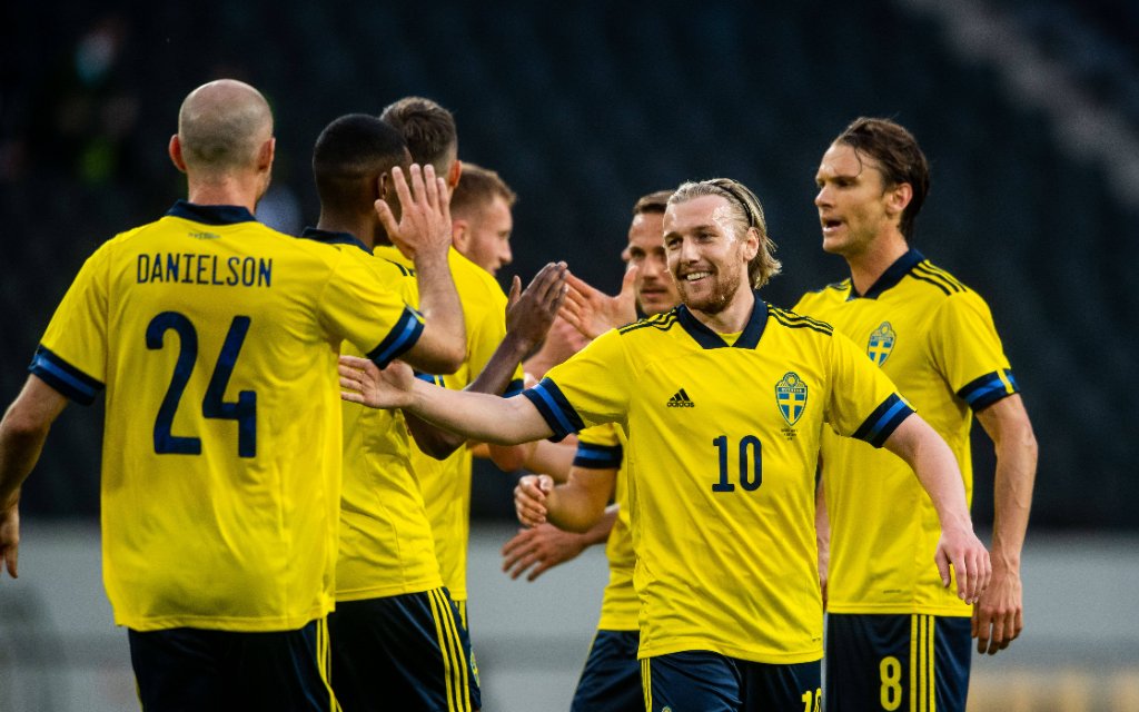 Fußball, Länderspiel, Schweden - Armenien 210605 Emil Forsberg of Sweden celebrates 1-0 during the International Friendly, Länderspiel, Nationalmannschaft football match between Sweden and Armenia on June 5, 2021 in Stockholm.