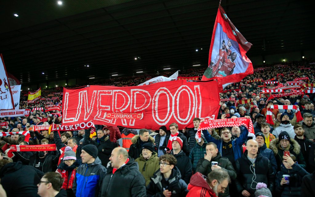 Premier League Liverpool v Leeds United The Kop in full voice before the game Liverpool Anfield Merseyside