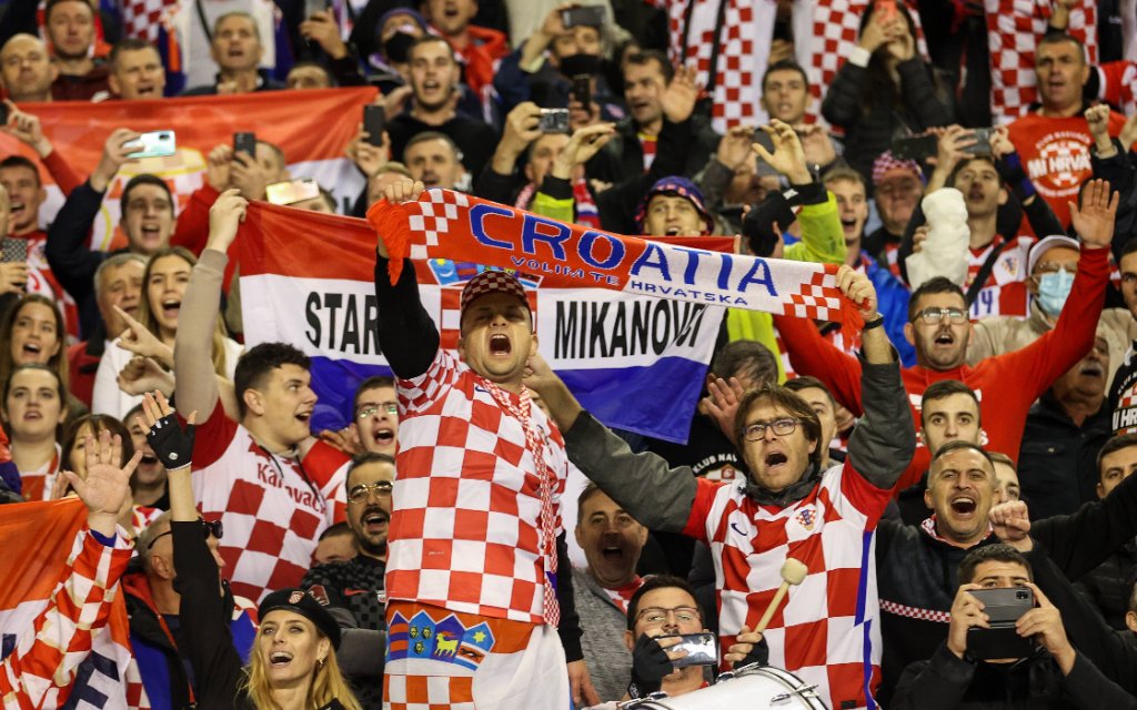 SPLIT, CROATIA - NOVEMBER 14, 2021: Croatia s supporters cheers after their 2022 FIFA World Cup, WM, Weltmeisterschaft, Fussball Group H Qualifying Round football match against Russia at Poljud Stadium