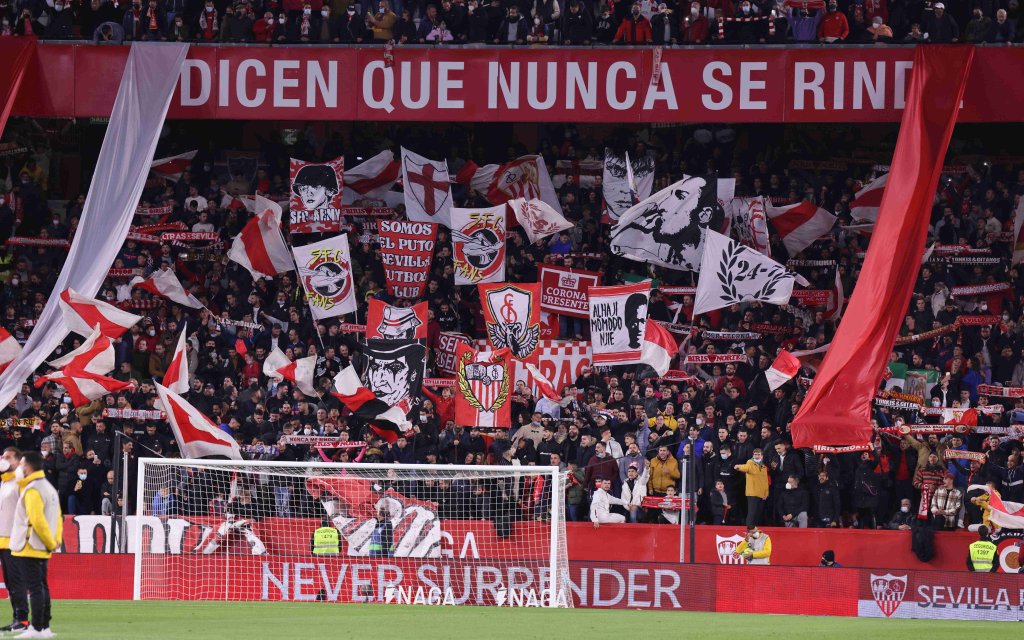 December 18, 2021, Seville, Seville, Spain: Fans of Sevilla CF during the La Liga Santader match between Sevilla CF and Atletico de Madrid at Ramon Sanchez Pizjuan in Seville